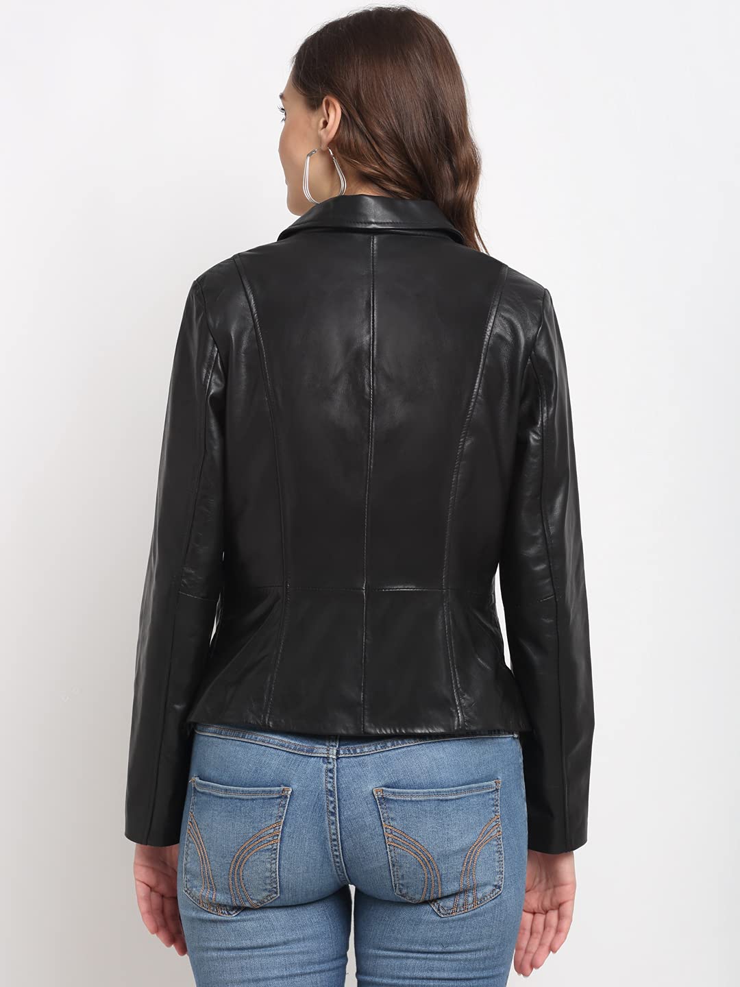 Teakwood Genuine Leather Soild Stylish Casual Blazer Jacket for Women (L- Black)