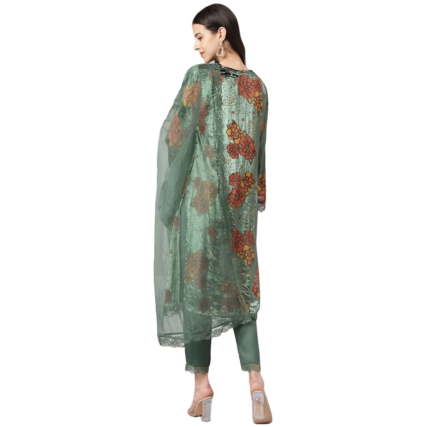 Divena Green Burn out Velvat Kurta Haram Pant with Organza Dupatta