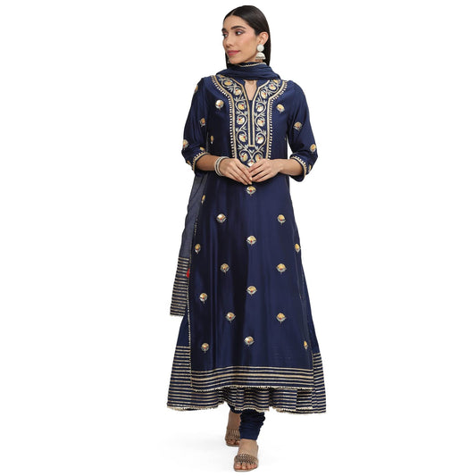 BIBA WOMEN EMBROIDERY FITTED SALWAR KURTA DUPATTA(SKD8098_NAVY_32)