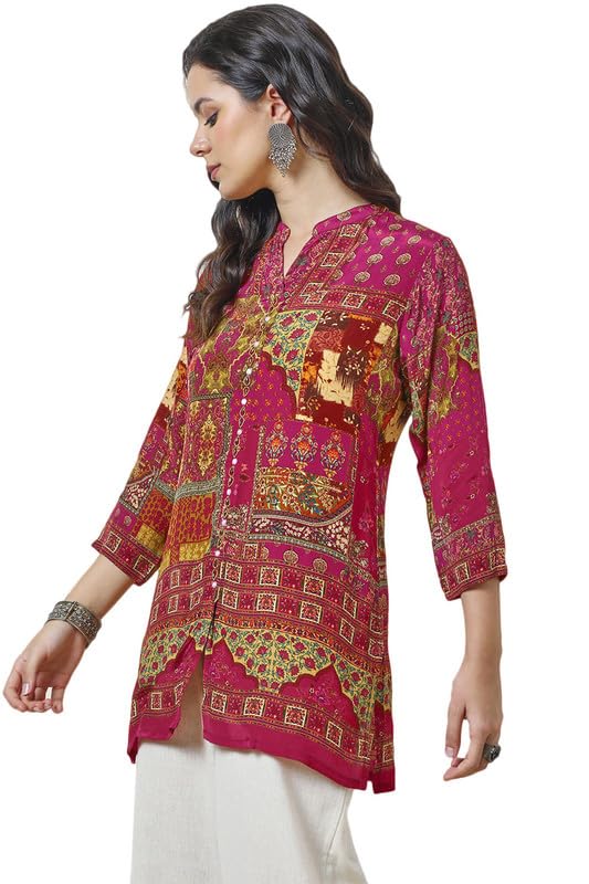 Soch Womens Red Viscose Crepe Abstract Print Tunic with Beads