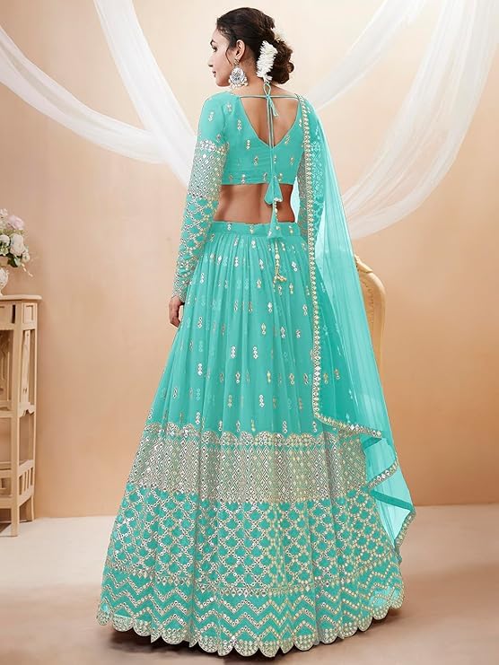 TIMELESS SHOPING Wondrous Women's Indian Traditional Pure Silk Lehenga Choli With Blouse, Color Sky Blue