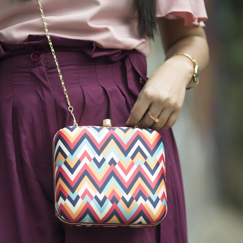 Artklim Multicolor Zigzag Printed Statement Box Clutch with Detachable Strap Chain - Fashion Sling Bag for Occasions & Festivals - Gift for Women