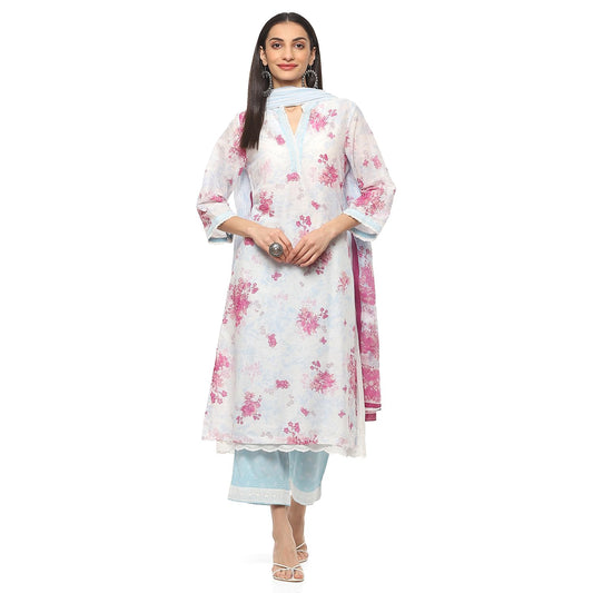 BIBA Women PRINTED LAYERED SALWAR KURTA DUPATTA(SKD9473_OFF WHITE/BLUE_40)