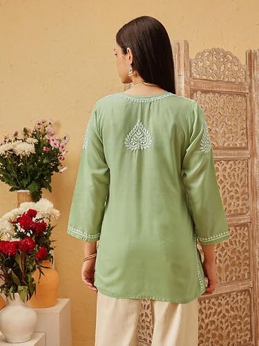 Ada Lucknowi Hand Embroidered Chikankari Cotton Short Kurta Kurti Tunic Top for Women A911551 Green (XL)