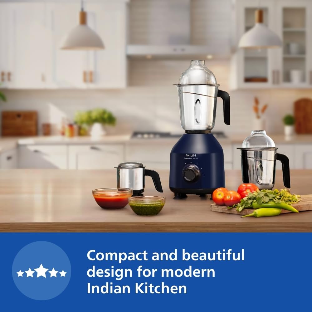 Philips HL7714/01, 1000 W PowerPro Motor Mixer Grinder, 4 Jars (Azure Blue), Edged blade made of superior SS304 material, Quick cool ventilation for longer motor life
