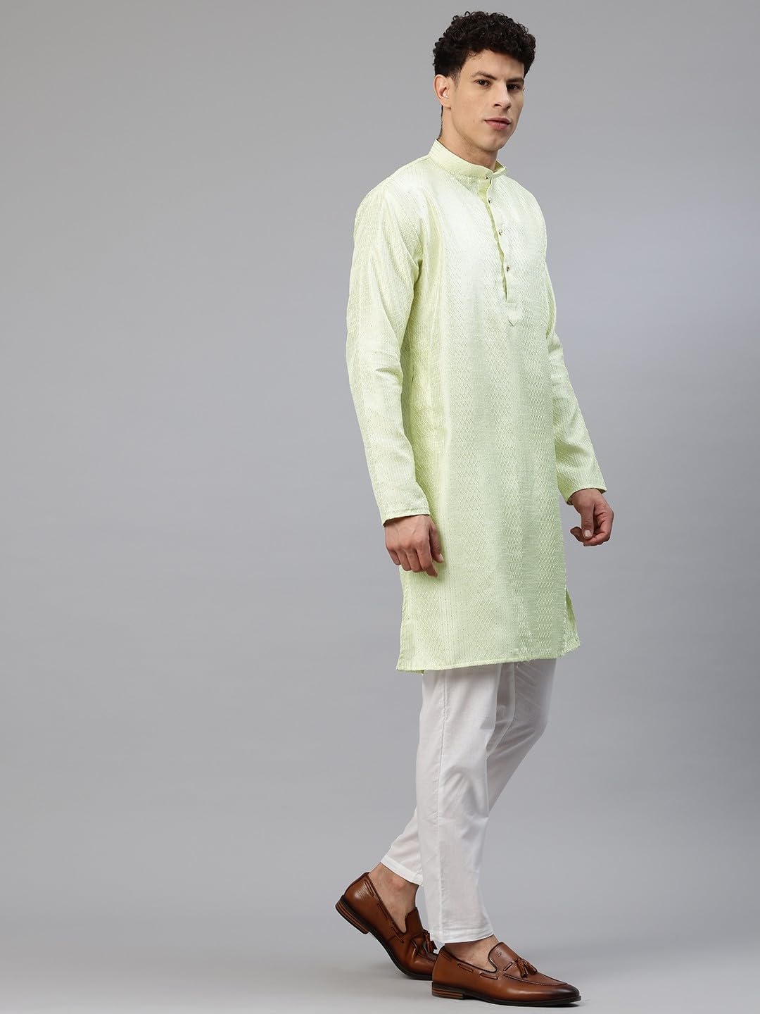 Luxrio Men's Silk Blend Sequence Self Embroidered Textured Long Kurta Full Sleeves Gold Size L
