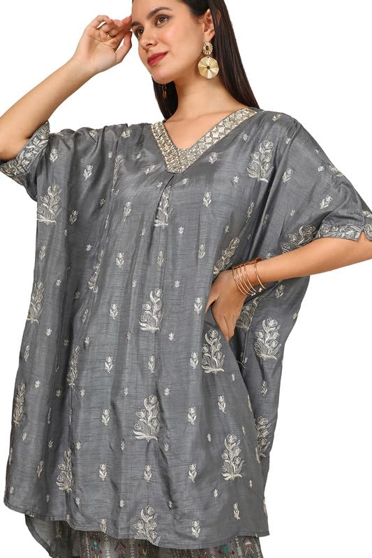 Soch Womens Grey Viscose Blend Embroidered Co-Ord Set With Mirror Work