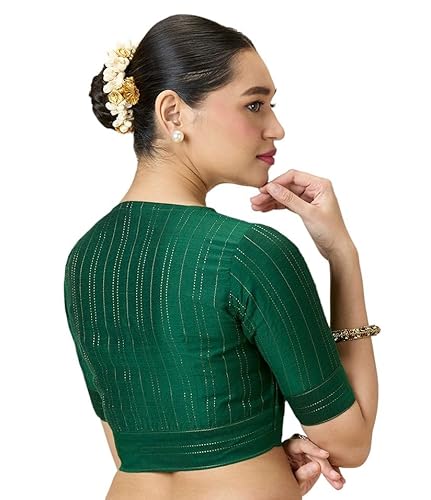 Studio Shringaar Women's Cotton Silk Blended Saree Blouse with Zari Stripes (Green, 46)