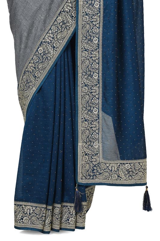 Soch Womens Blue Tussar Zari Embroidered Saree With Stone Work