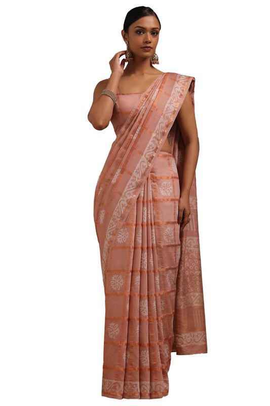 Soch Womens Peach Viscose Block Print Saree Zari