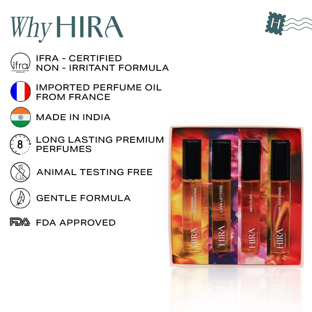 HIRA Discovery Set for Women, 4 x 10ml Premium Fragrances, Summer Afternoon, Wine Tastings, Love Letters, Red Flag