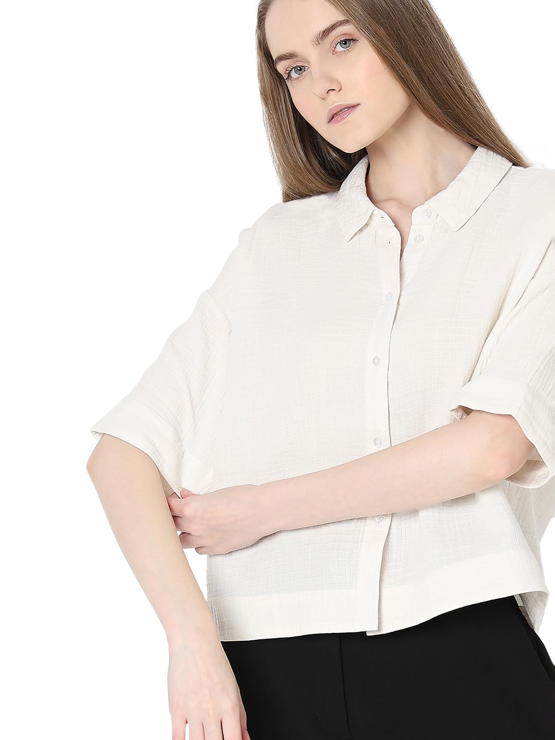 VERO MODA Women Solid Beige Cotton Regular Fit Shirt