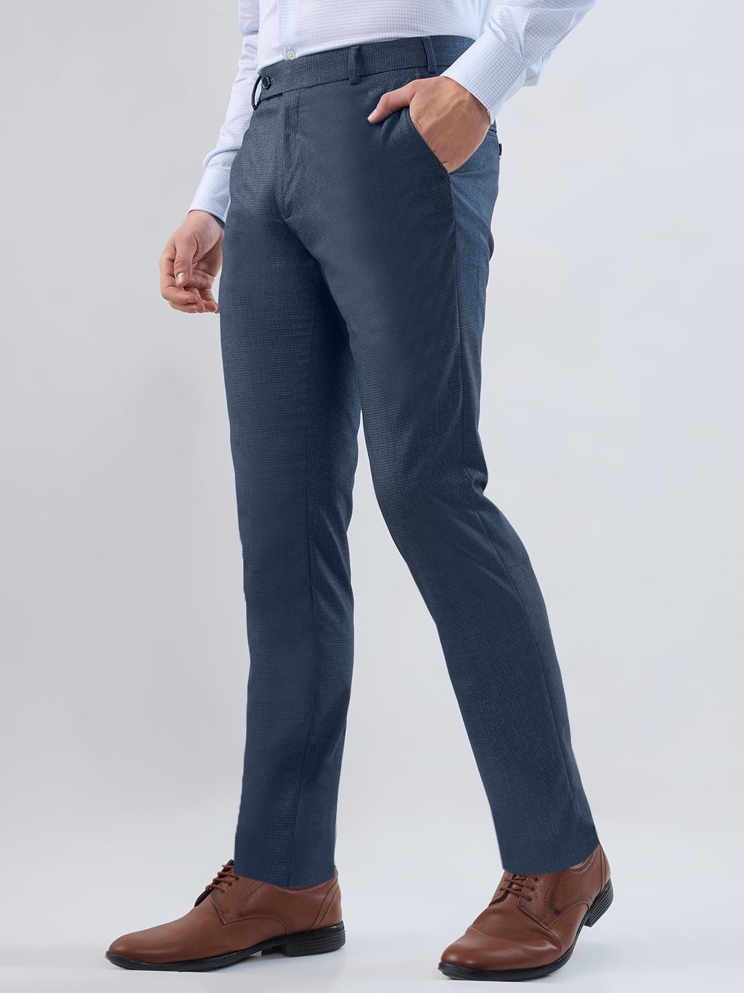 Raymond Men’s Slim Fit Formal Trousers, Polyester Blend, Flat Front, Checked Design, Office Wear | Dark Blue
