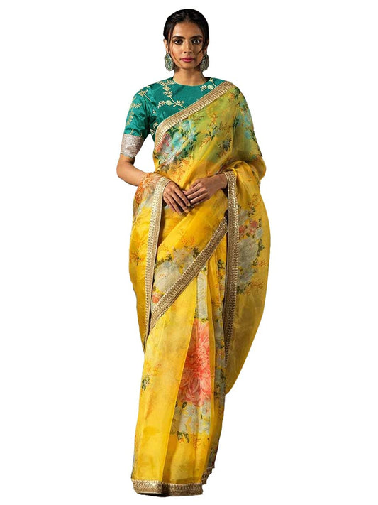 Zeel Clothing Women's Yellow Floral Organza Saree with Green Blouse (7026-Yellow-new-Saree-Floral-Organza_Yellow_Free Size)