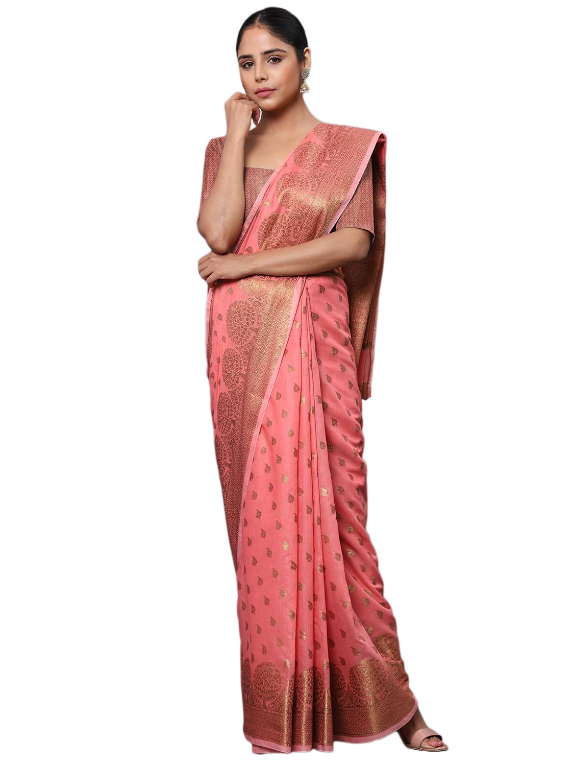 leeza store Women's Pink Cotton Silk Blend Golden Zari Tree Pattern Border Rich Pallu Banarasi Saree With Blouse Piece