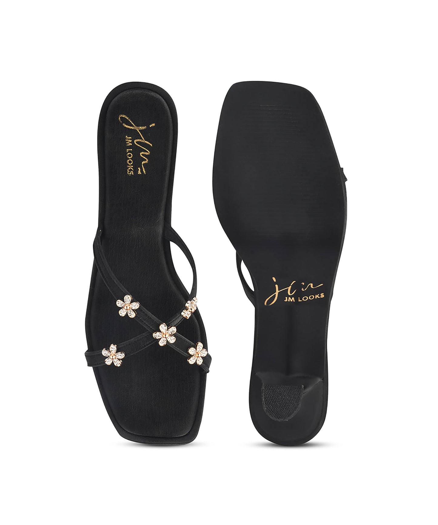 JM LOOKS Women's Square Open Toe Summer Heels Mules Embellished Cross Strap Slip-on 2.5 Inch kitten Heeled Sandals Wedding Party Heel - Black