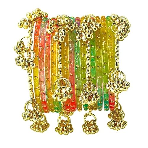 BANGLESKART 16pc Glossy Multi Set Kashmiri Ghunghroo Bangles Cowrie Shell Kaudi Glass Churi Haldi Jewelry Women (multicolour, two set for two hand, 2.8) (two set for two hand, 2.6)