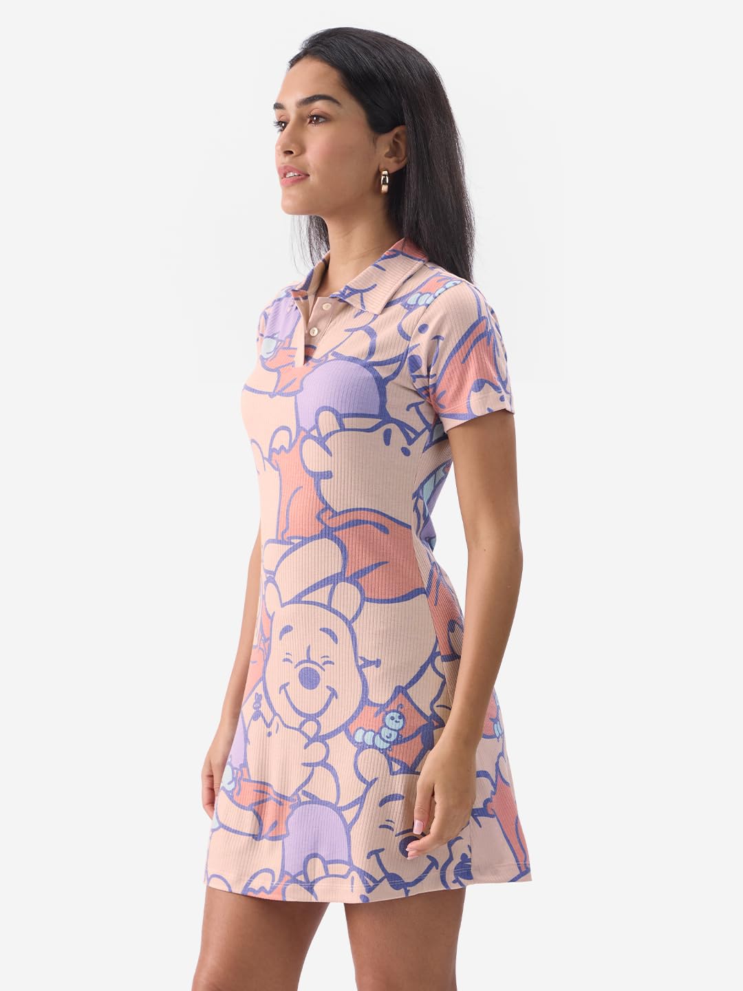The Souled Store Official Winnie The Pooh: Faces Women and Girls Short Sleeves Collared Neck All Over Printed Polyester Blend Mini Dresses Multicolour