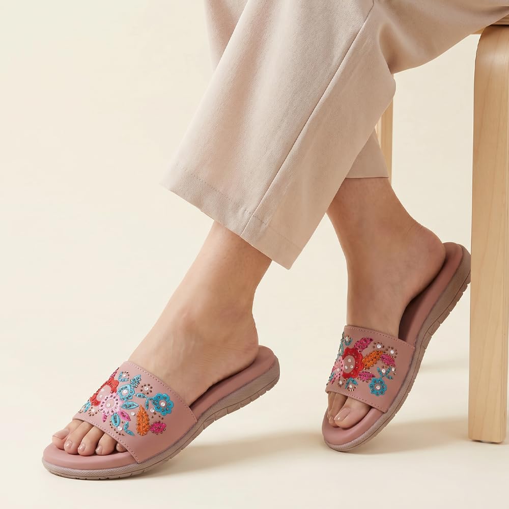 Pluxh Women Embroidered Slide Sandals | Ethnic Floral Slip-On Flats for Women | Comfortable Casual Daily Wear Fashion Sliders|5UK