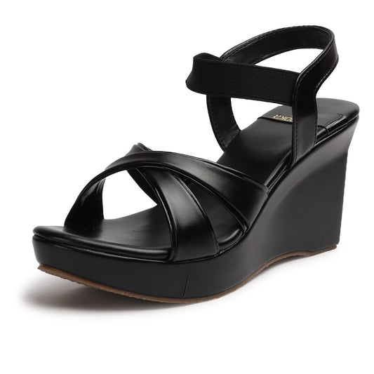 XE Looks Women's Black Wedge Heel Sandals | Stylish Cross Strap Slip-On Sandals for Girls | Comfortable Cushioned Sole | Open Toe Design | Ideal for Casual Party Office and Formal Wear