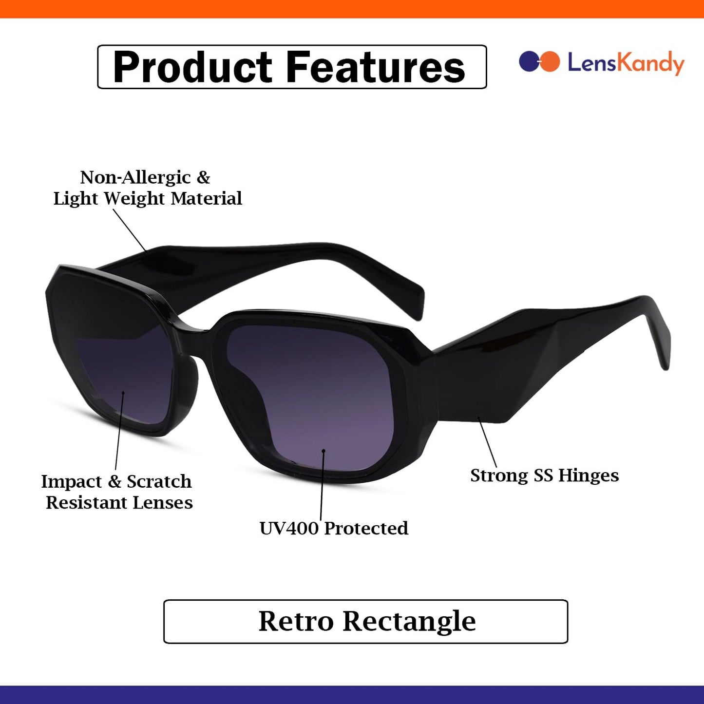 LensKandy Rectangular UV400 Protected Sunglasses for Women in Bold look | 9115-Black