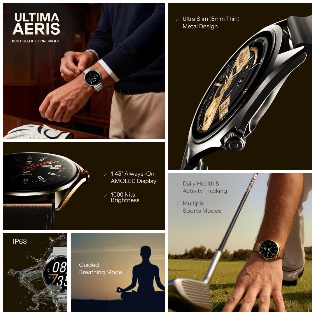 Boat Ultima Aeris 1.43" AMOLED Display, 1000 nits Brightness, Ultra Slim 8mm Metal Build, IP68, Auto HR & SpO2 Monitoring, Sleep & Stress Tracking, Stylish Smartwatch for Men & Women (Active Black)