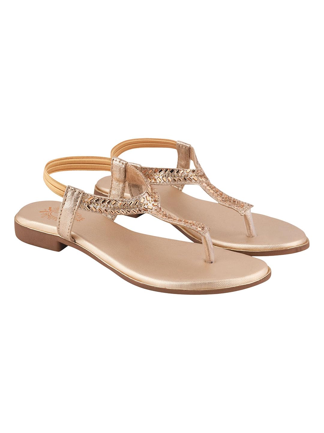 Shoetopia Women's Golden Flat Sandals | Stylish T-Strap Slip-On Flats with Braided Detailing for Casual & Party EU37