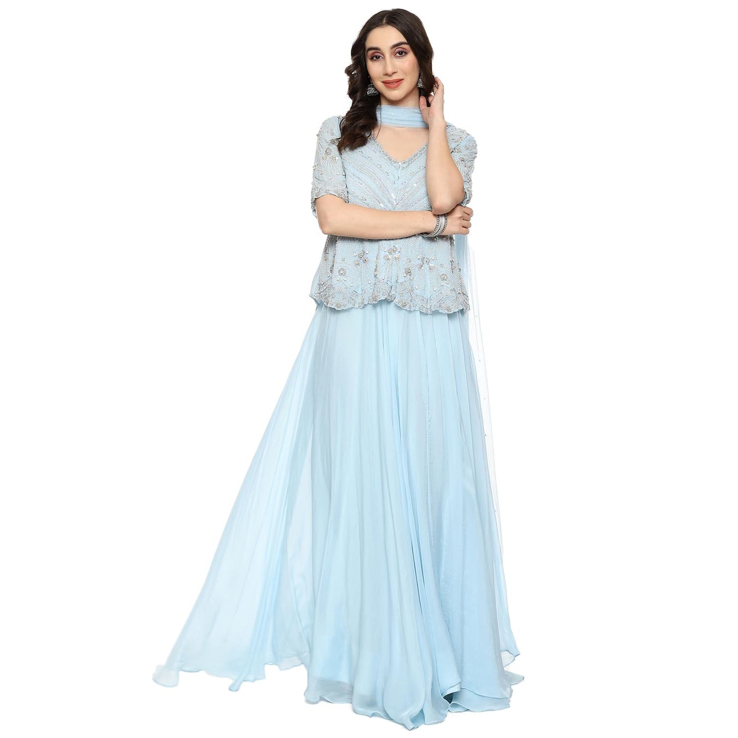 BIBA Women SOLID SHORT_KURTA SALWAR KURTA DUPATTA(SKDOCCASION WEAR9358_POWDER BLUE_36)