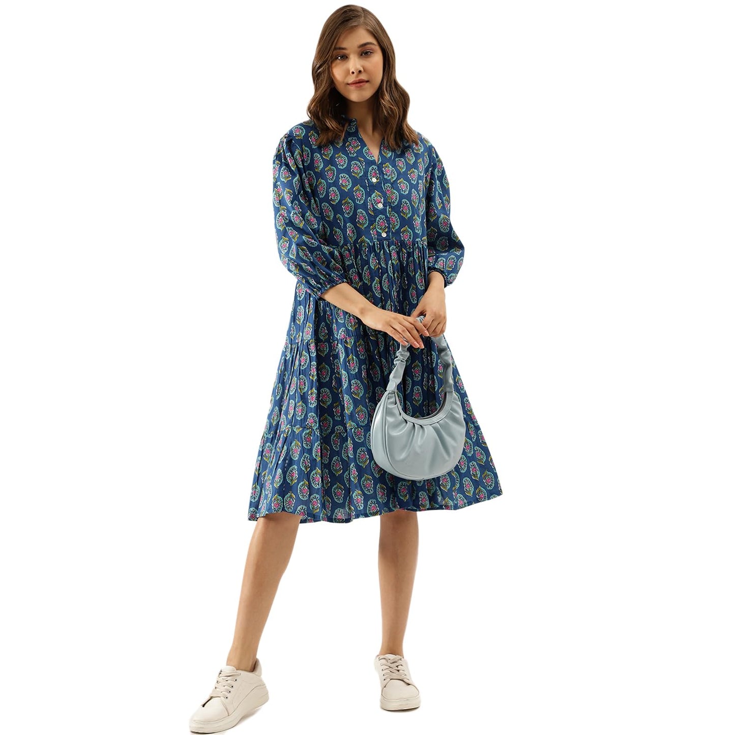 Divena Blue Paisley Printed Cotton Dress for Women