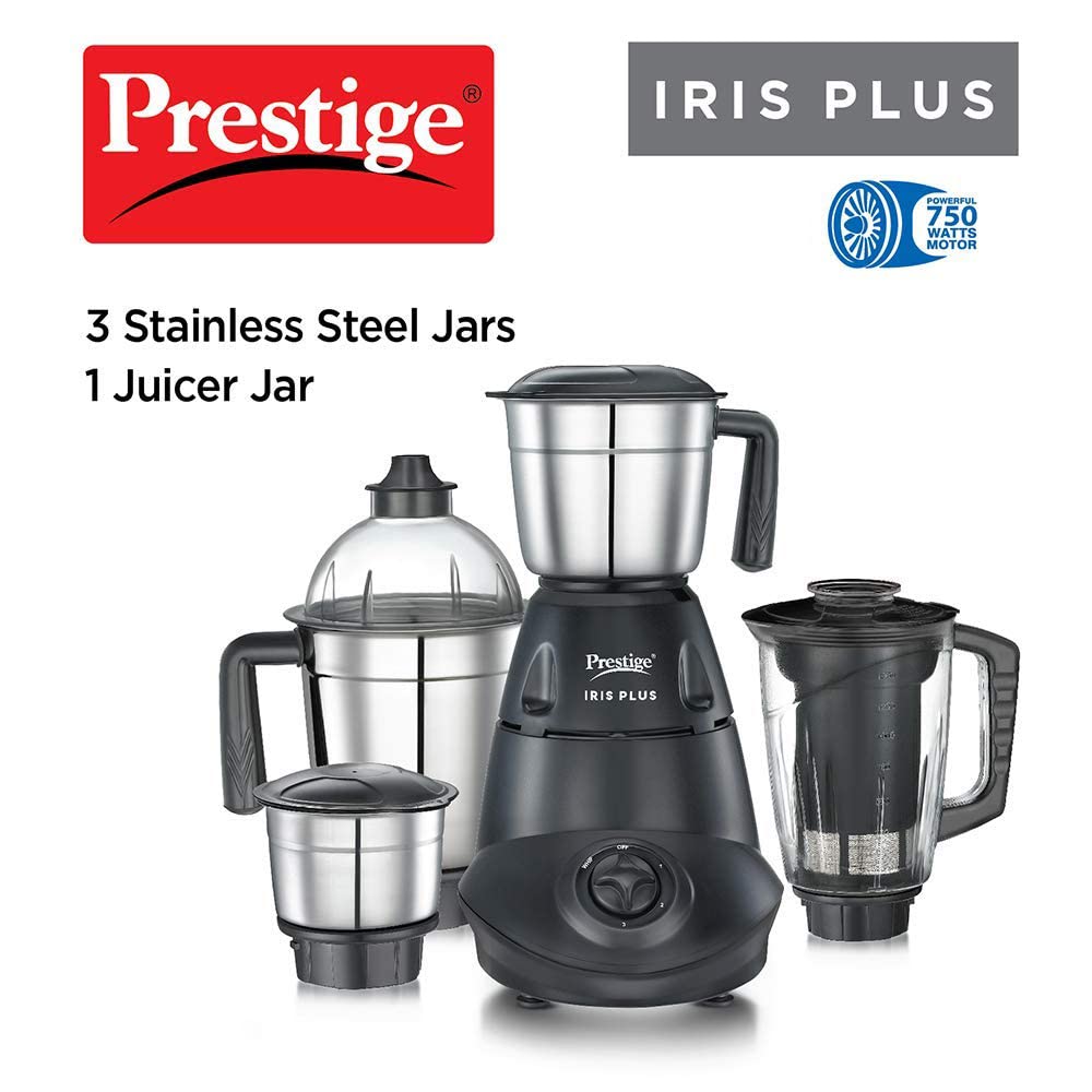 Prestige Iris 750 Watt 4 Jar Mixer Grinder | 3 Stainless Steel Multipurpose Jars and 1 Juicer Jar | Black | 750W