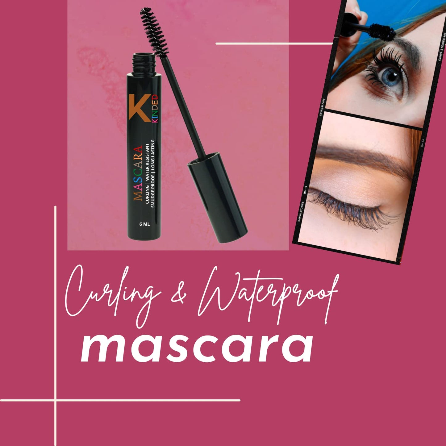 KINDED Curling Mascara Waterproof Long Lasting Smudgeproof Lengthening Volumizing Ultra Max Curl Intense Black Volume Sensational False Lash Effect for Girls Women Eye Makeup (6 ml, Black)