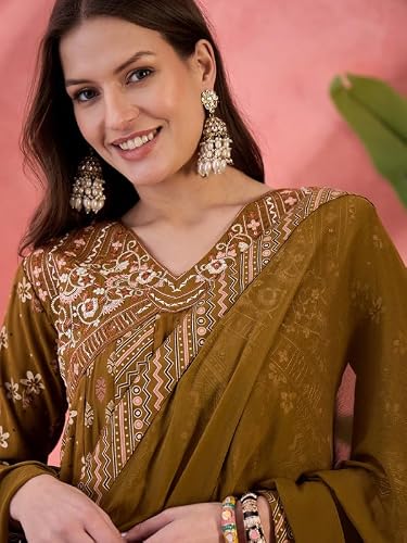 AVYUKTHA Silkkurta Palazzo & Dupatta Set For Womens | Regular Fit | 3/4 Sleeve | V Neck | Printed Embroidery | Lightweight & Comfortable | Ethenic Dress | Ideal For Weddings & Parties | M | Mustard