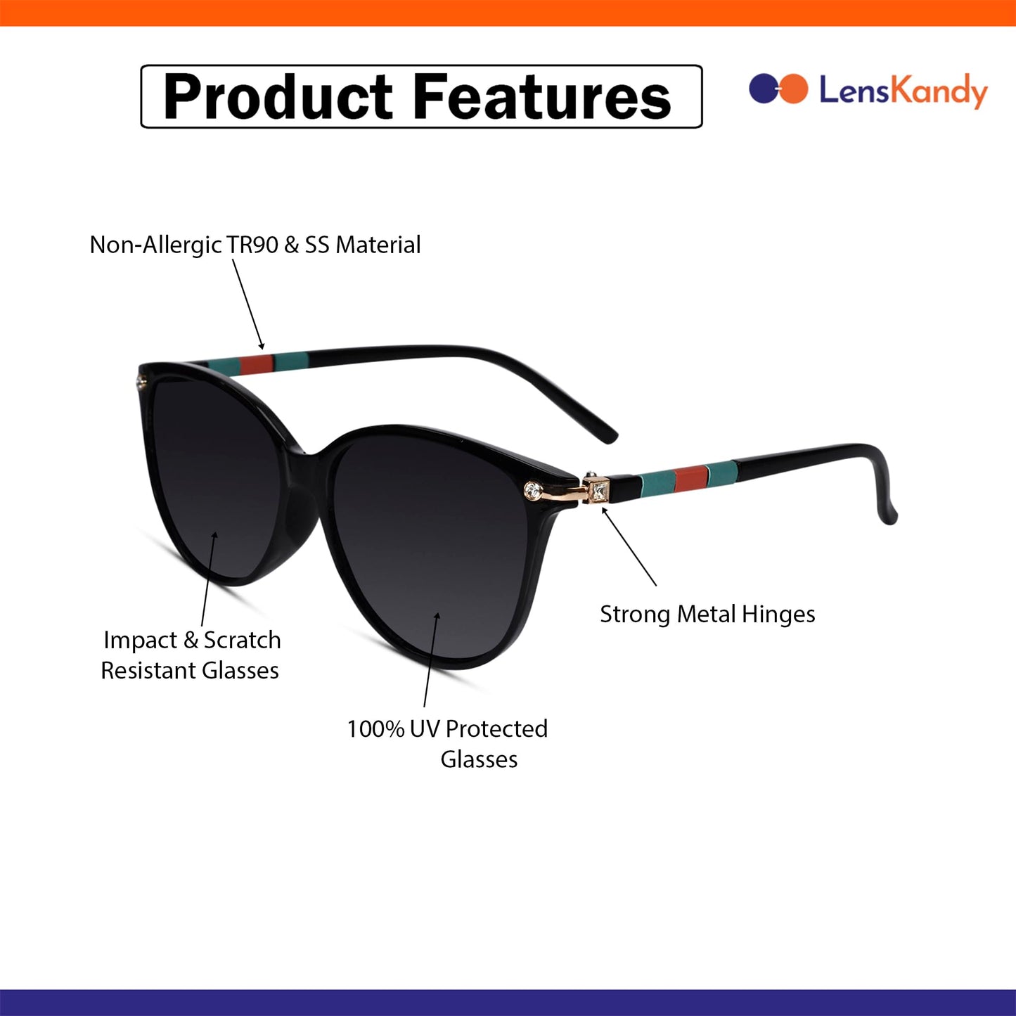 LensKandy Polarized & UV400 Protected Cateye Sunglasses for Women | 9055-Black