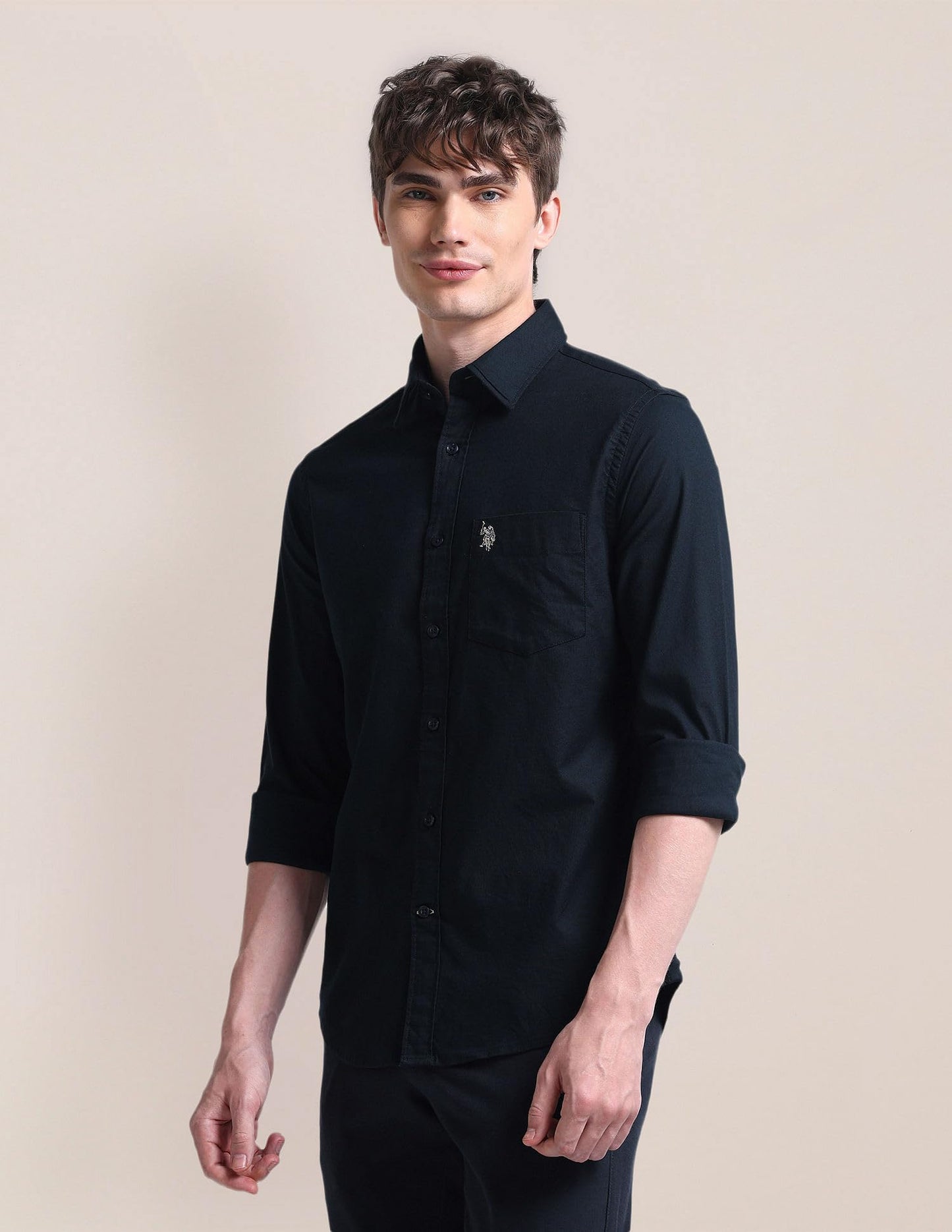 U.S. POLO ASSN. Men's Solid Cotton Dobby Tailored Fit Shirt (USSHTO2709A_Navy_M)