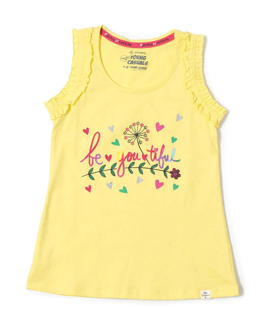 Jockey Girls Super Combed Cotton Rib Regular Fit Solid Tank Top with Graphic Print_Style_CG19_Yellow Cream_7-8 Yrs