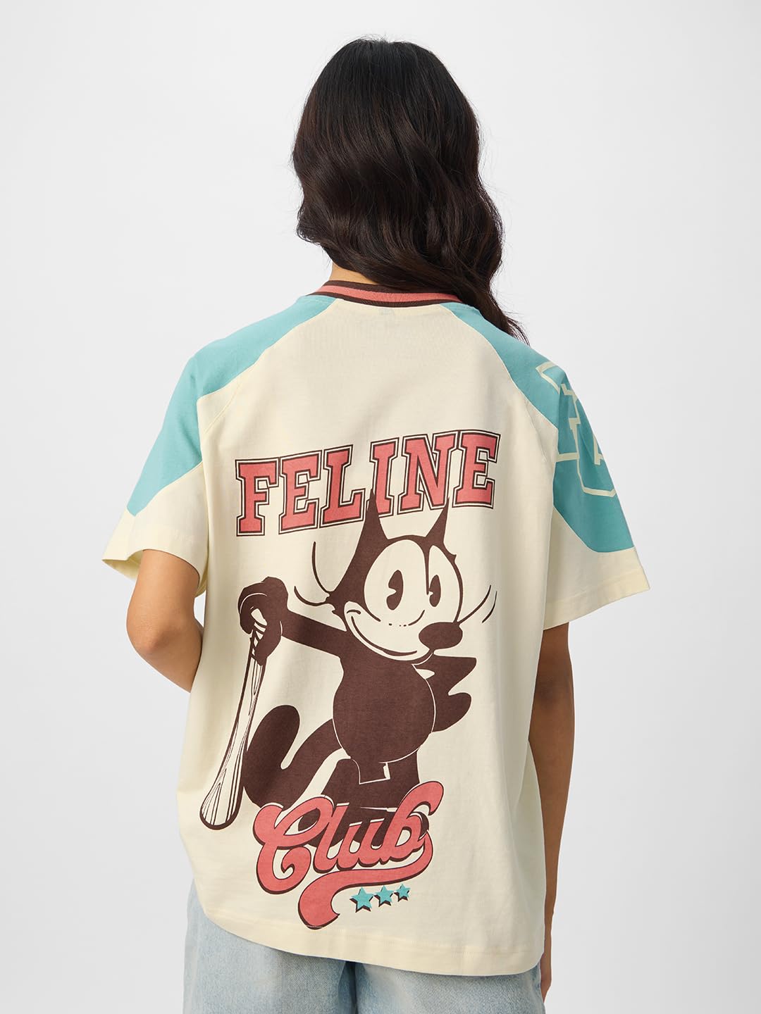The Souled Store Felix The Cat: Feline Force Women and Girls Short Sleeve Round Cotton Oversized T-Shirts Off White