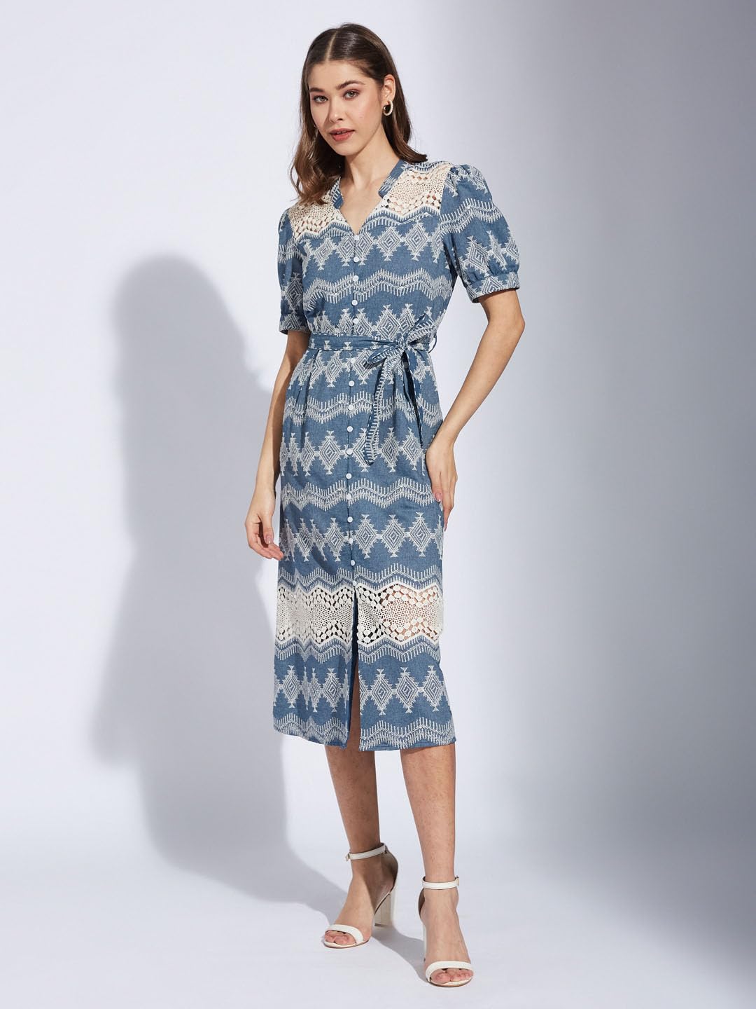 Latin Quarters Women Blue Collar Neck Half Sleeve Printed Shirt Dress_M