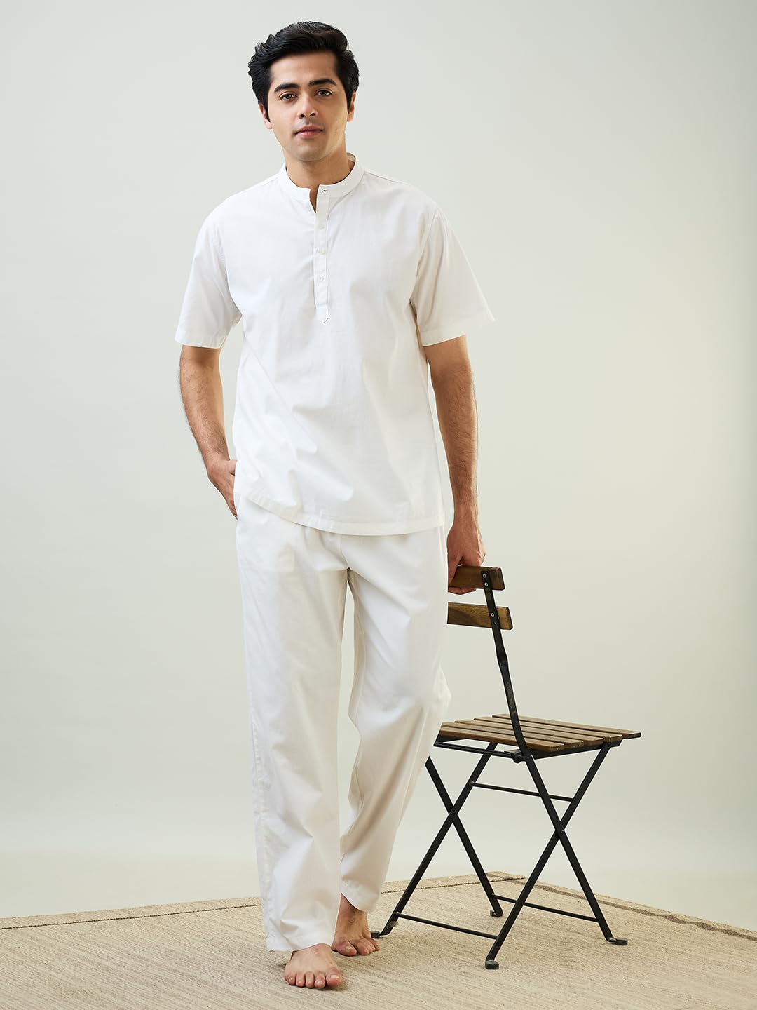 Raymond SleepZ Men Comfort Fit Solid Pattern Pure Cotton Mandrin Collar Kurta