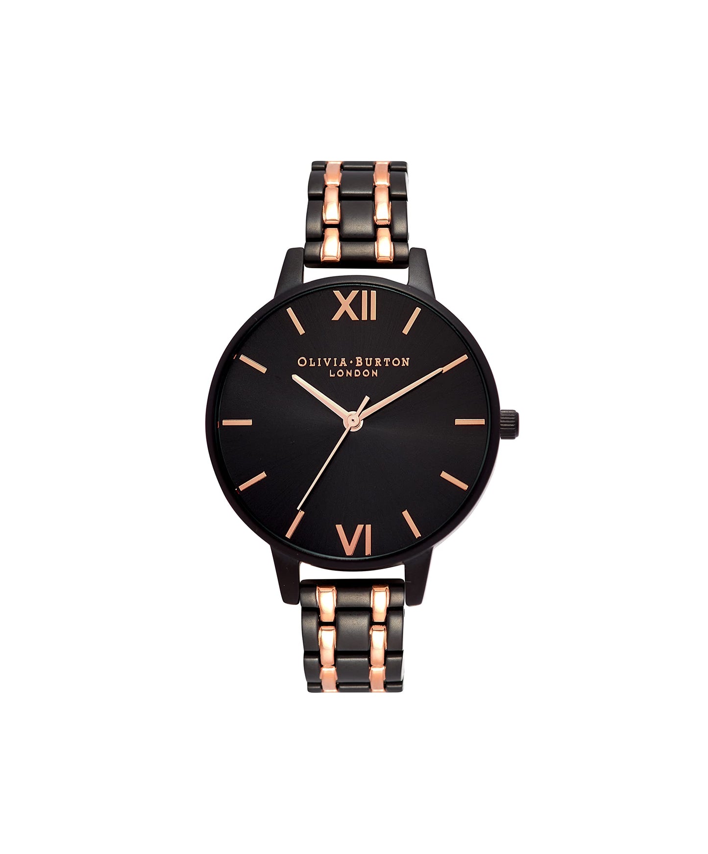 Olivia burton The England Qtz Basic Slim Black Sunray Round Dial Women's Watch|Ionic Plated Rose Gold Steel Material|Gold Color Band - OB16EN09