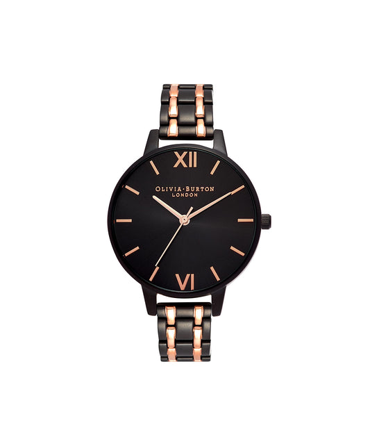 Olivia burton The England Qtz Basic Slim Black Sunray Round Dial Women's Watch|Ionic Plated Rose Gold Steel Material|Gold Color Band - OB16EN09
