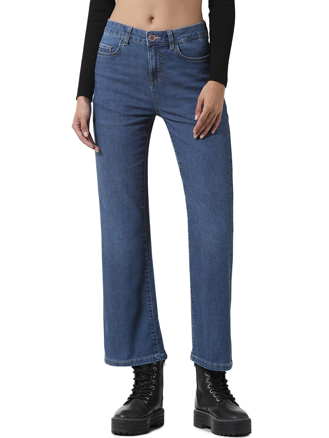 ONLY Women Solid Blue Cotton Flared Mid Rise Jeans