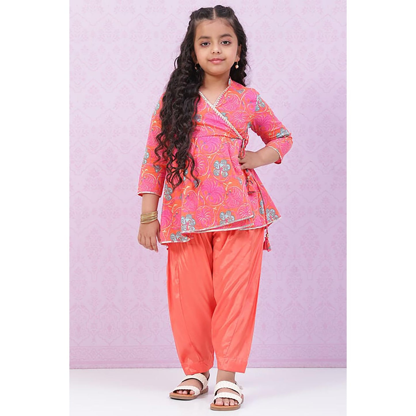 BIBA Girls Cotton Flared Printed Suit Set(KW5045E_15_Orange)