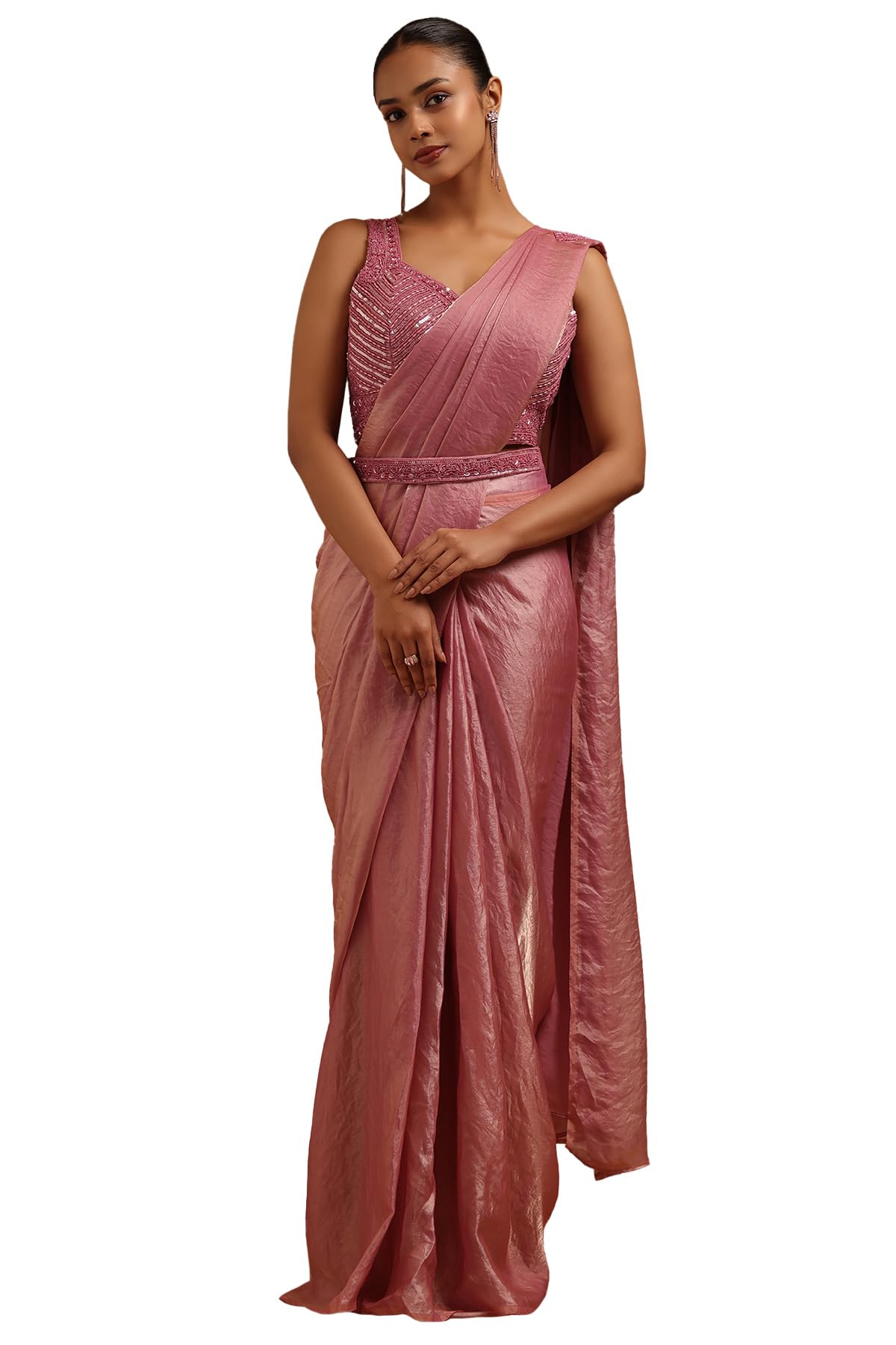 Soch Womens Onion Pink Organza Solid Ready To Wear Saree