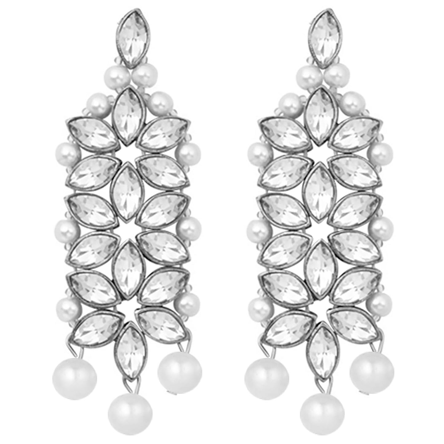 Peora Silver Plated Crystal & Beads Studded Bridal Short & Long Necklace Earrings Maangtikka Jewellery Set for Women