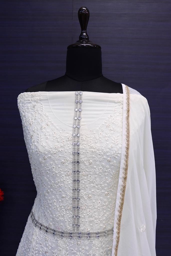 RUDRAPRAYAG Georgette And Santoon Embroidered Ankle Length Anarkali Gown For Women White