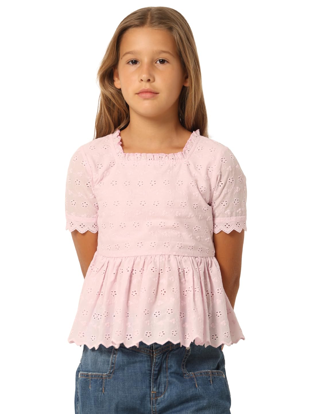 VERO MODA Girls Solid Cotton Pink Peplum Top