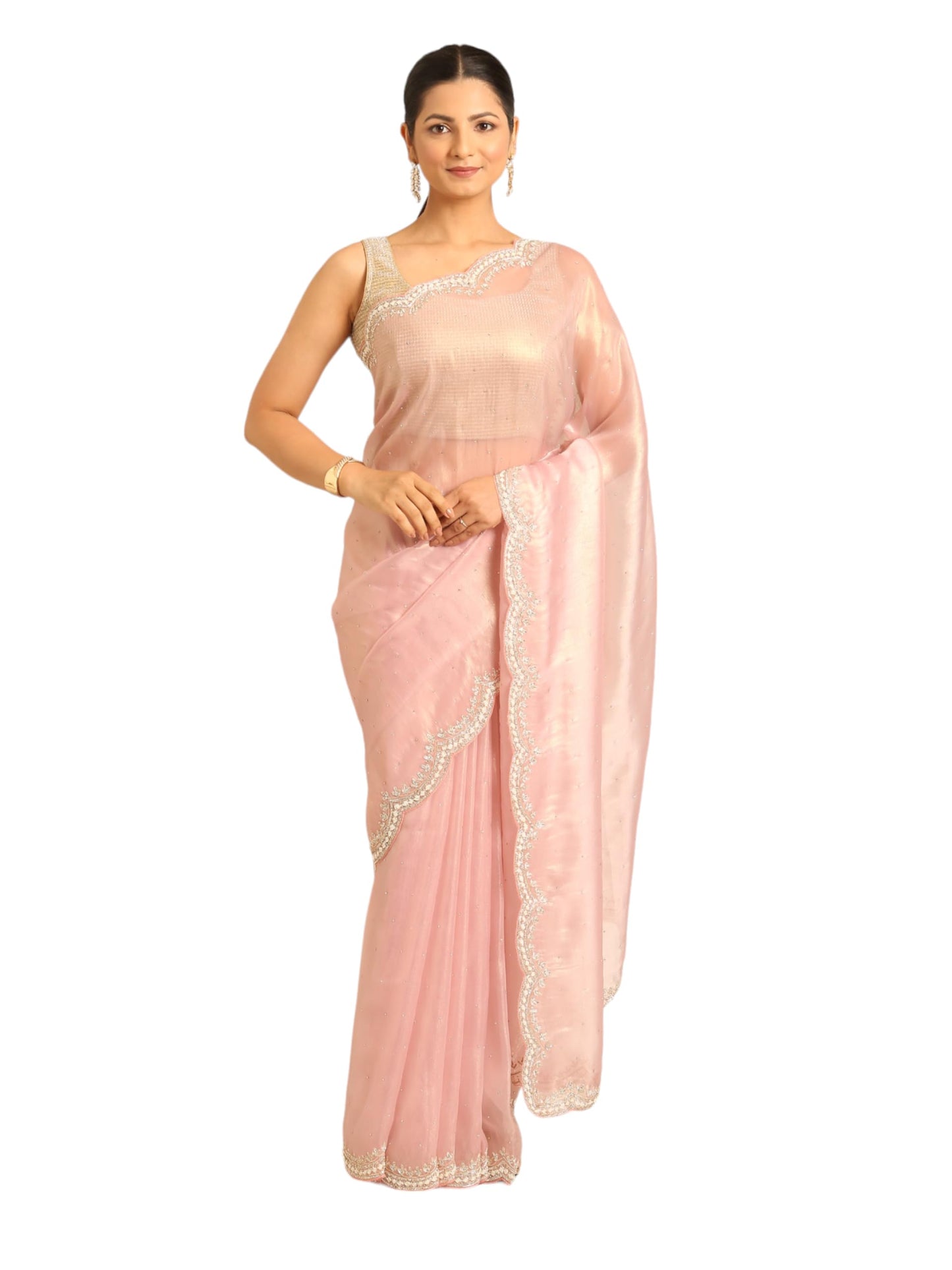 MOHEY Women's Pink Organza Hand Embroidered|Stone Work Saree