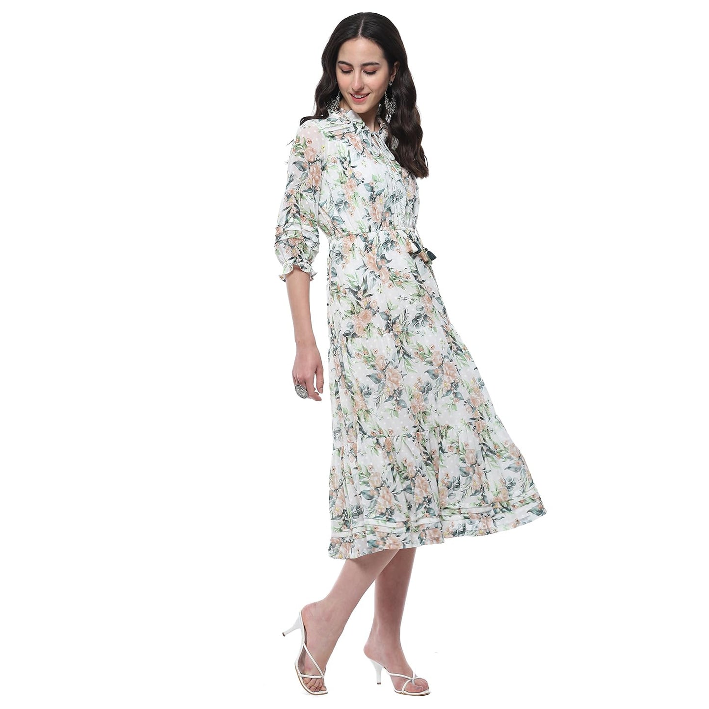 BIBA Women Printed Tired_Dress Mix and Match(Casual DRESSES2462_White_36)