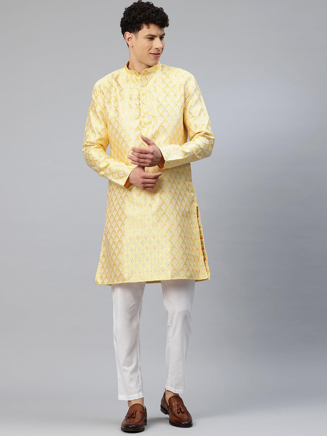 Luxrio Men's Silk Blend Jacquard Self Embroidered Textured Ethinc Motifs Traditional Long Kurta Full Sleeves Yellow Size L