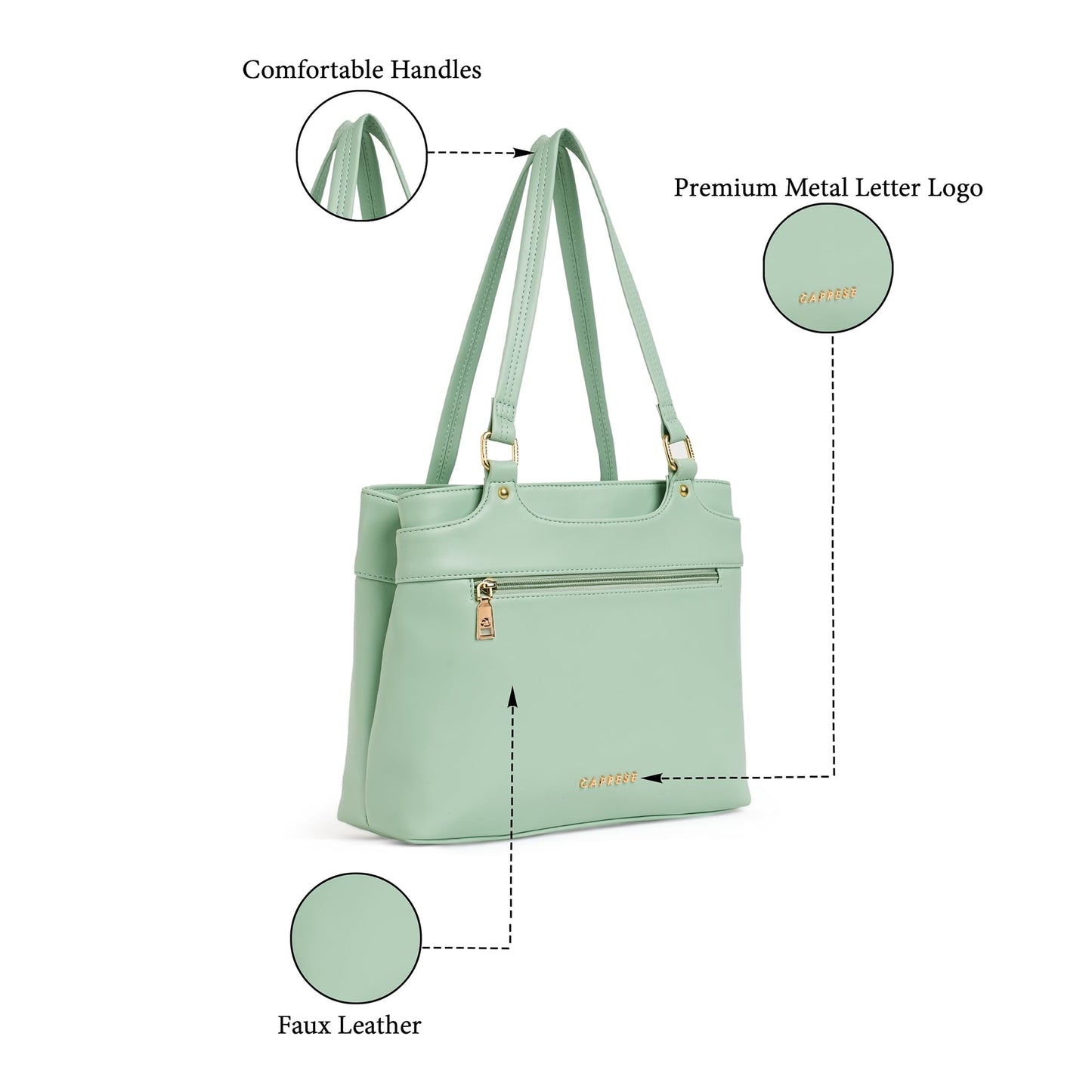 Caprese Jessica Tote Medium Green Bag for Women|Stylish, Durable, Multi-Compartment Design for Work, Travel, Shopping |Comfortable Straps Shoulder Bag, Ideal for Laptop & Essentials